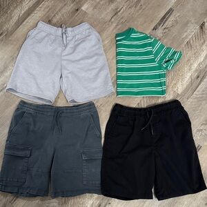 Boys L 14 Shorts Set - Gray fleece, Black, Dark Gray cargo. One striped tee